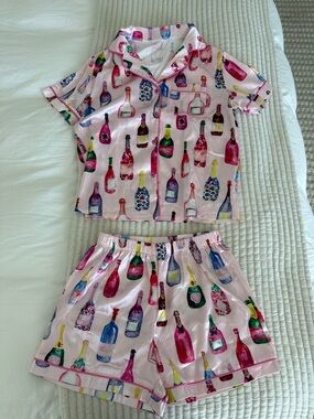 Anthropologie Pink Satin Bottle-Print Pajama Shorts Set